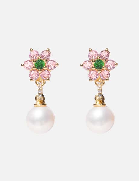 VEERT Pink &amp; Green Flower Freshwater Pearl Earrings