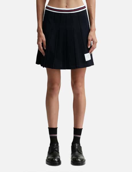 Thom Browne Textured Cotton Tuck Cricket Stripe Pleated Skirt